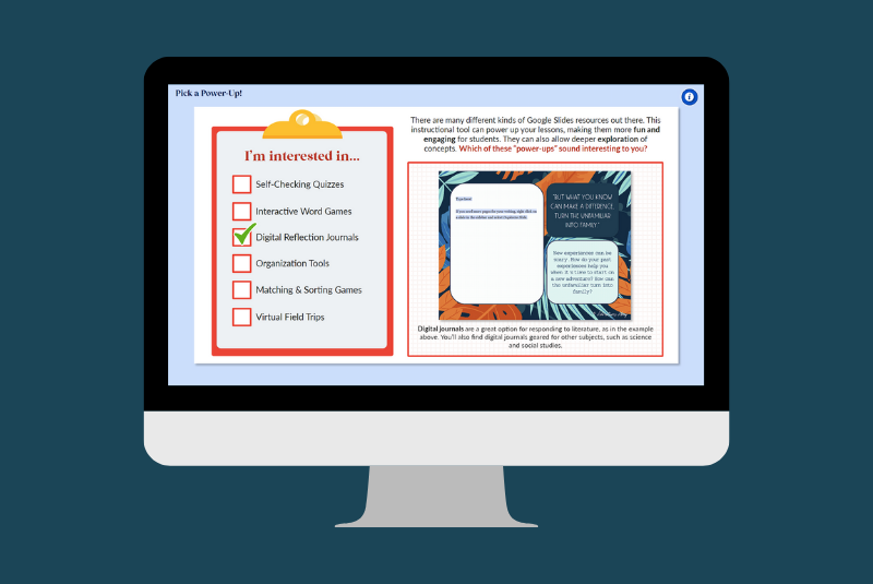 Computer monitor showing the initial screen of a dynamic checklist interaction designed with Storyline 360. There is a clipboard showing types of Google Slides learning activities and then a blank area where information appears when you click.